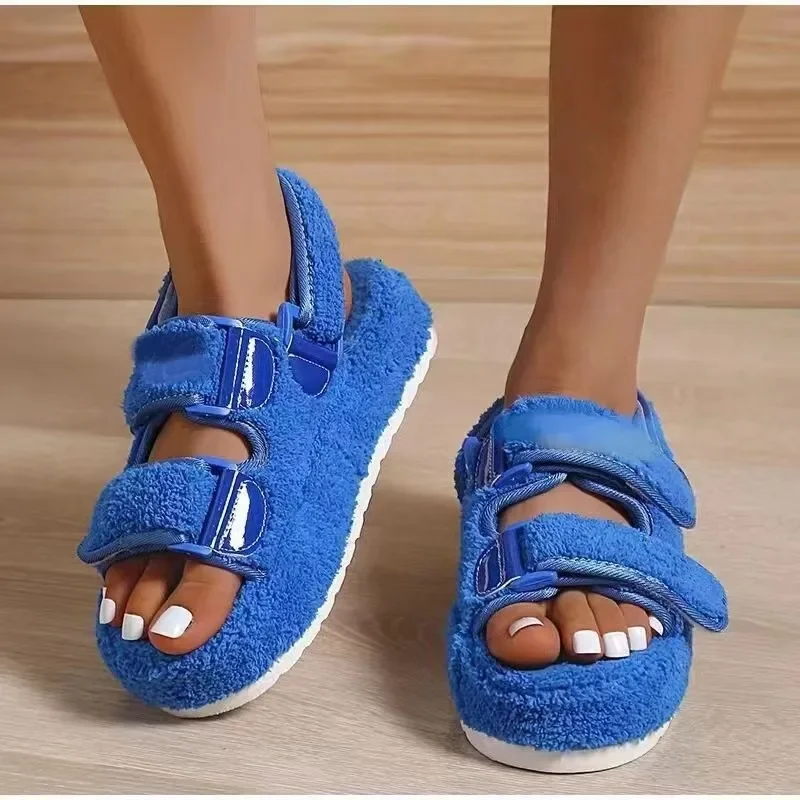 Plush Sandals for Women 2023 New Fashion Platform Shoes Retro Flat  Fluffy Furry Casual Shoes Female Light Round Toe Sandalias