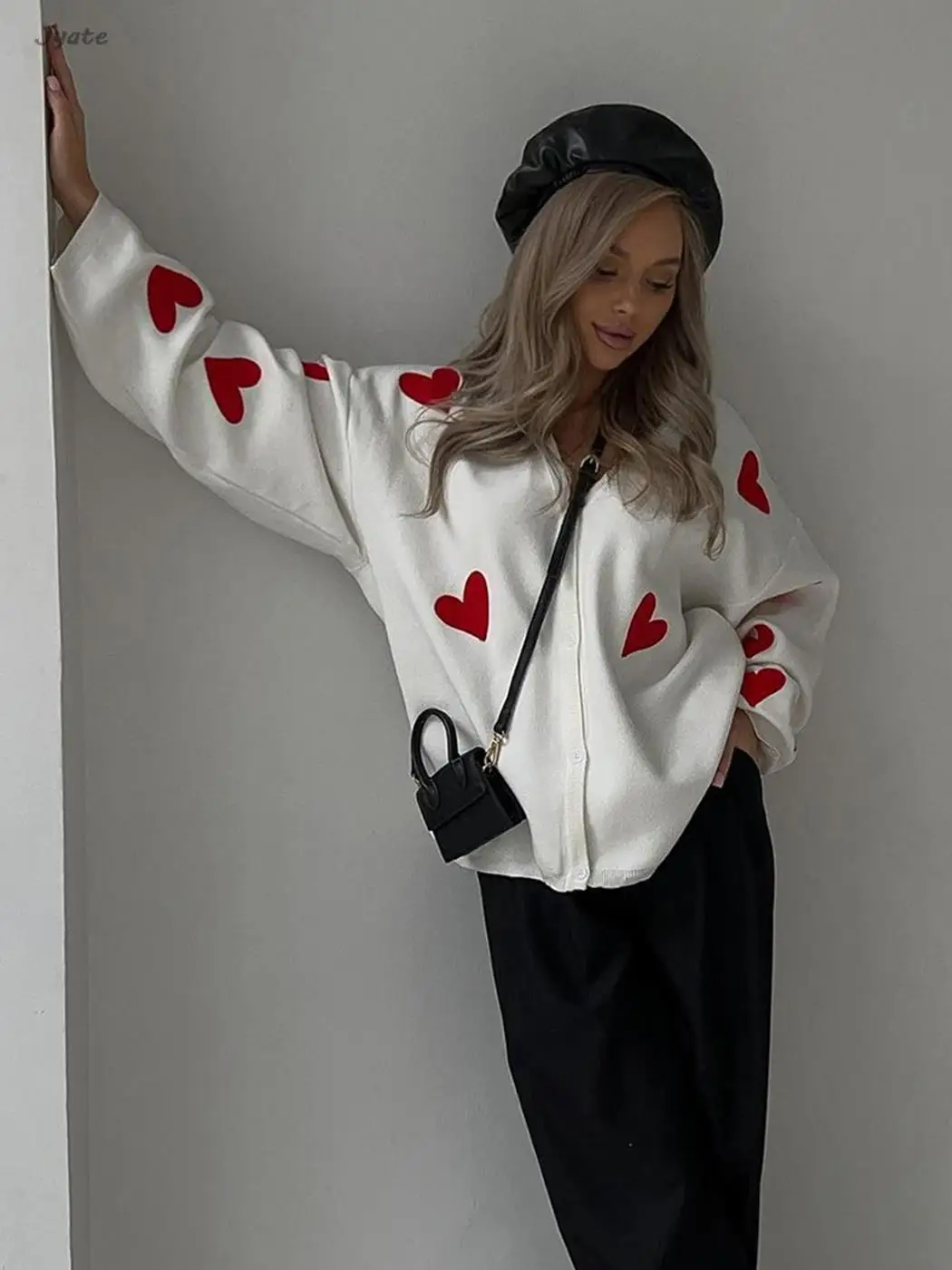 Embroidered Love-graphic Knit Cardigan Sweater Chic Single Breasted Knitwear Jacket Fashion Autumn Winter Loose Coat Home 2024