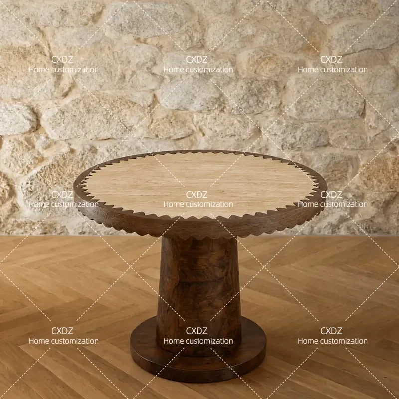 Retro Medieval Style Light Luxury Solid Wood Round Dining Table with Sawtooth Edge for Small Apartment Home Advanced Sense