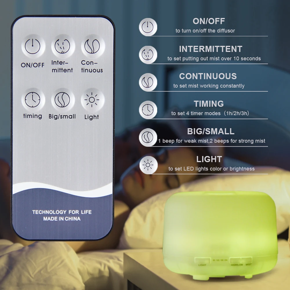 500ml Essential Oil Diffuser Timing Function Aroma Diffuser Ultrasonic Air Humidifier with Remote Control for Home Office