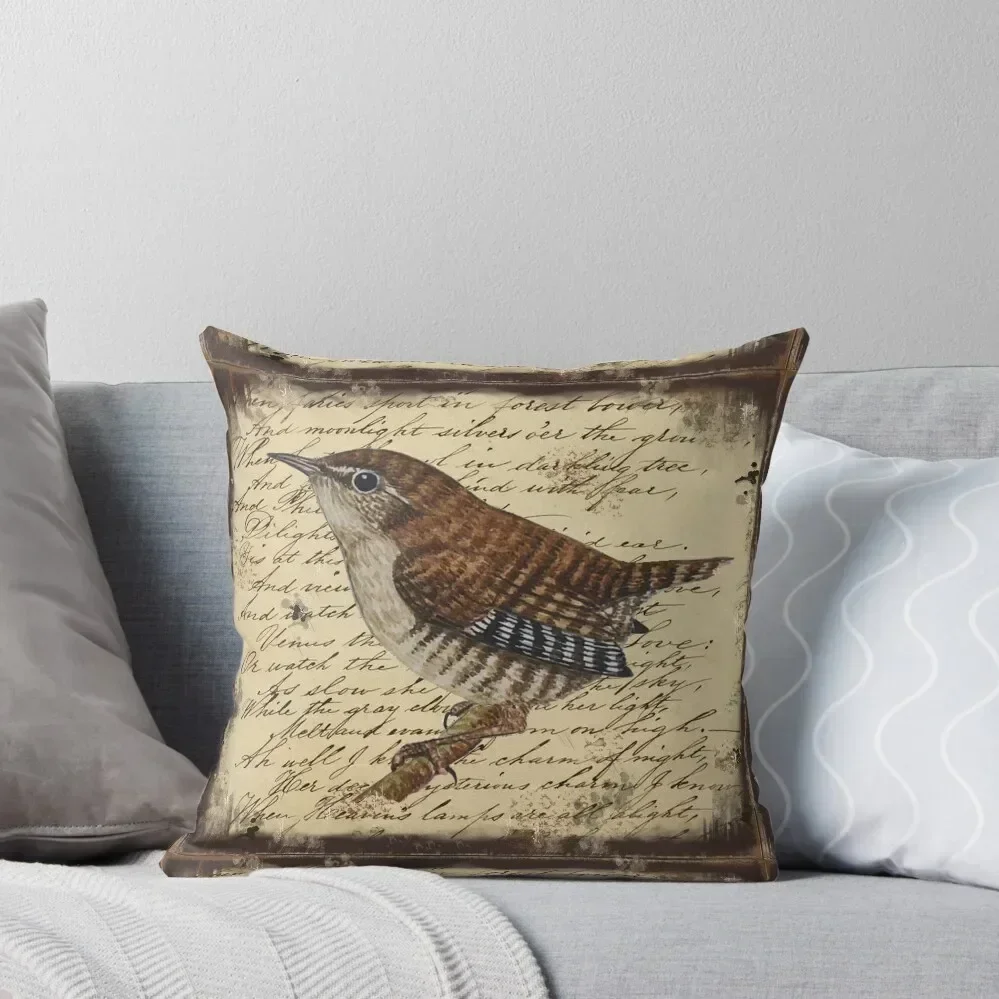 

Sweet Little Wren on Vintage Writing Background. Throw Pillow christmas ornaments 2025 Couch Pillows Sofa Cushions Covers pillow