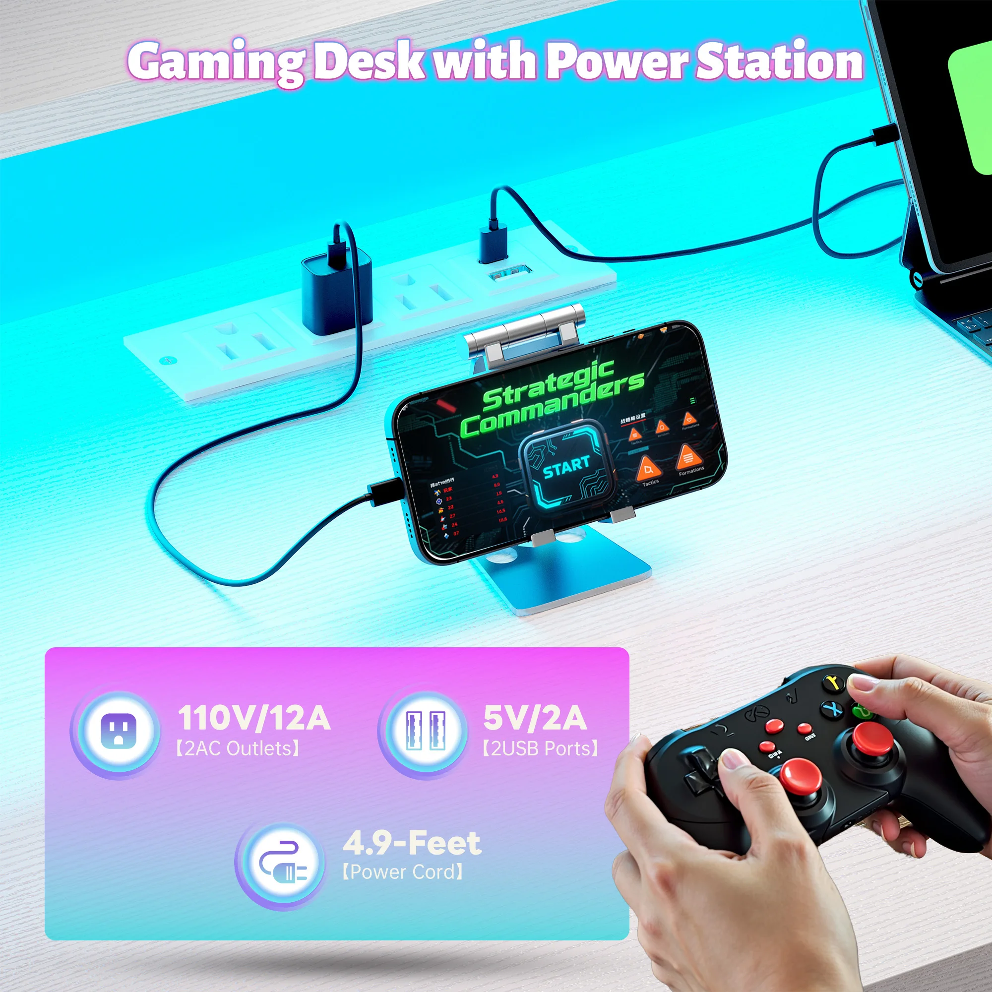 L字型ゲーミングデスク（LEDライト＆電源コンセント付き）、 - Home Office L Shaped Desk のレビューと価格