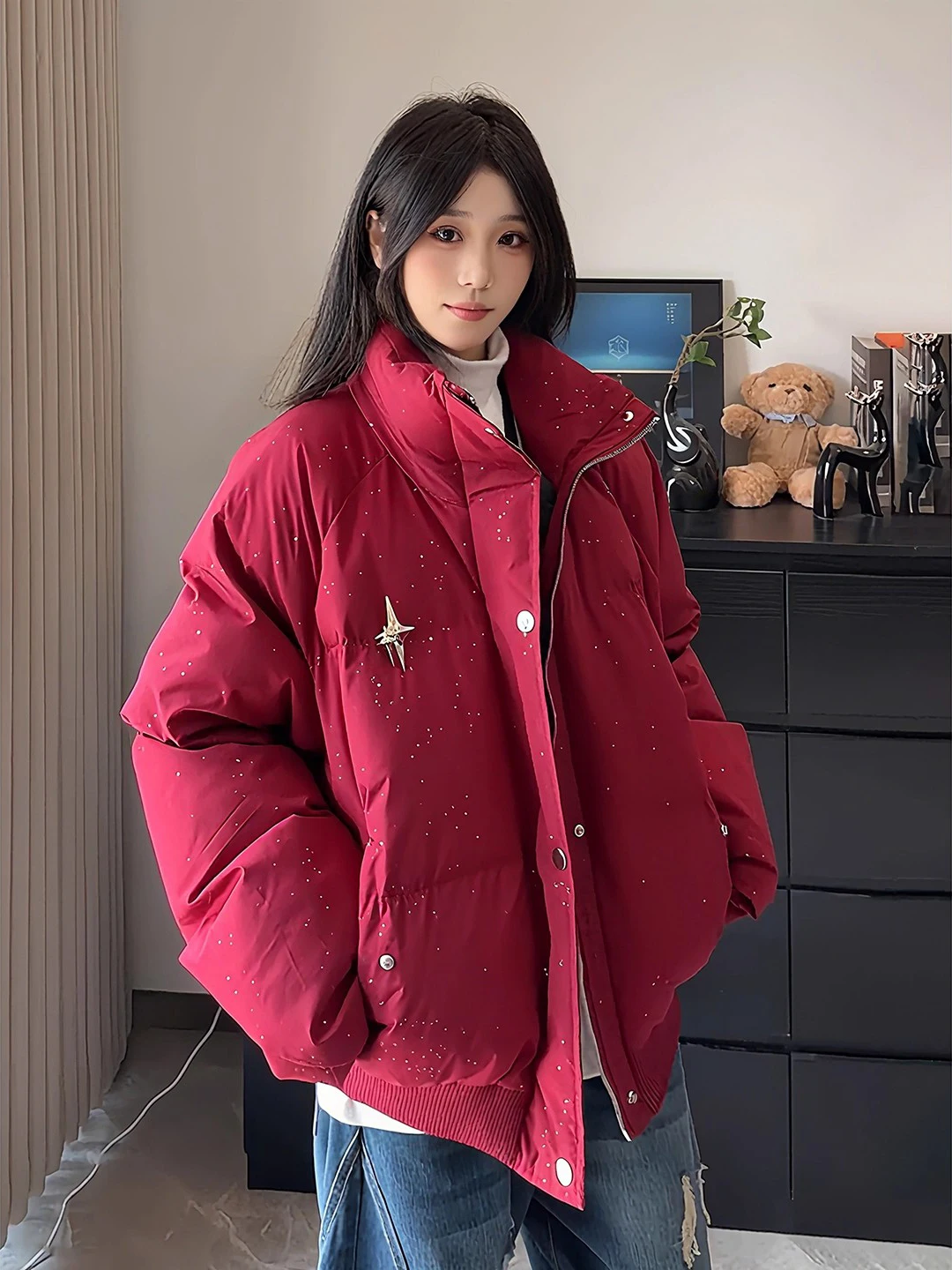 

Red Thiened Winter down Puffer Jaet ex Hoodl Stand Fit Long Sve Zipper Closure Warm Outerwear Coat Sle