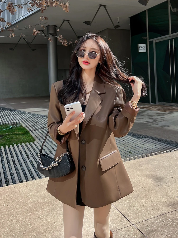 Brown PU Leather Suit Jacket Women Spring Elegant High Quality Black Blazers Mujer Fashion Luxury Loose Causal Outwear Coats New