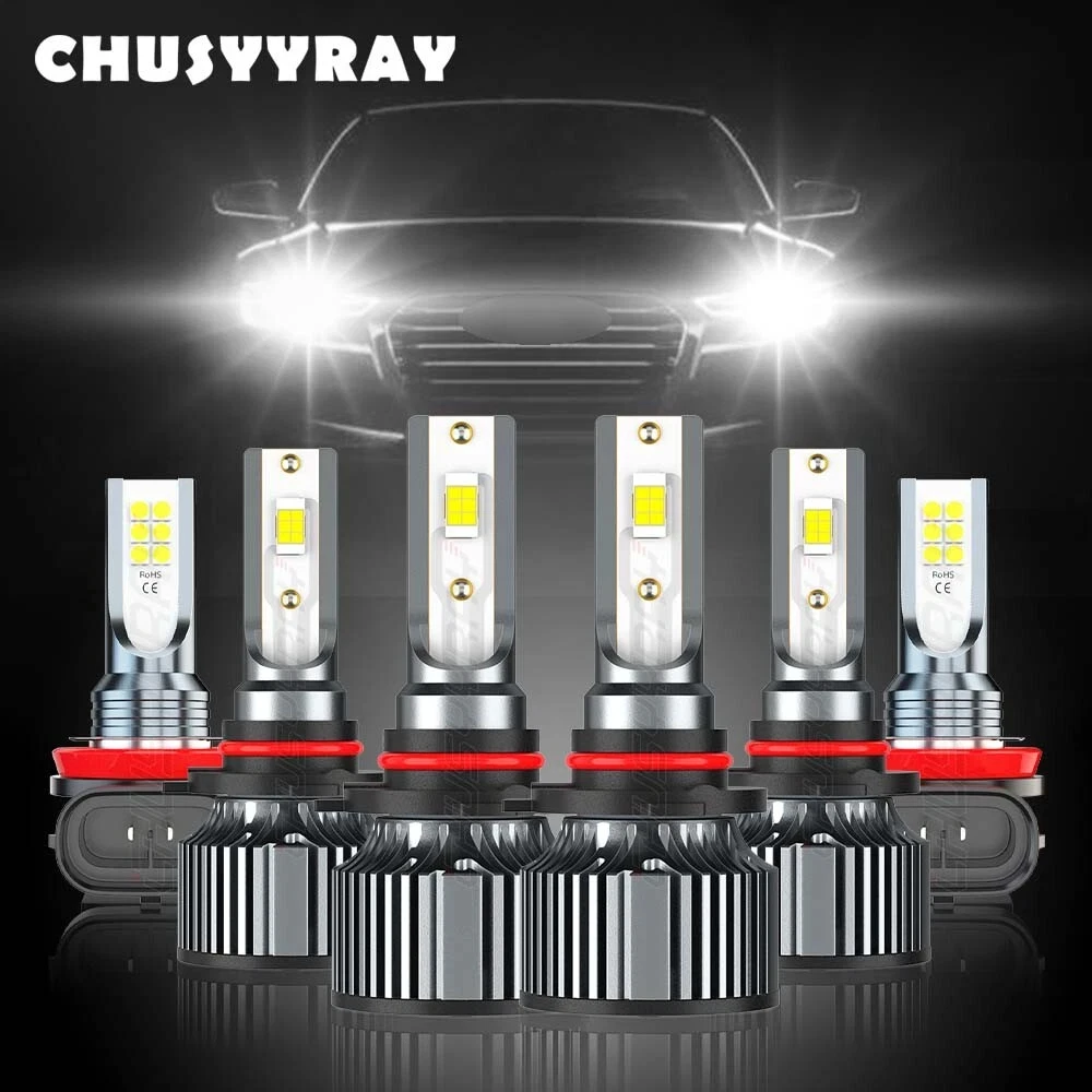 

6x 9005 9006 H11 Canbus LED Headlight High/Low+Fog Lamp Bulbs Kit 12V 6500K 100000LM IP68 Waterproof 1:1 Same Size Plug and play