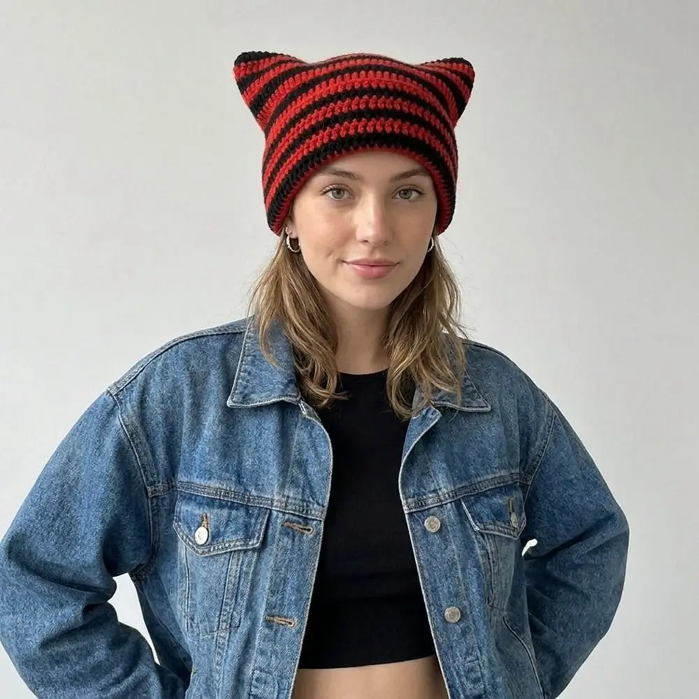 Kawaii Y2K Cat Ears Beanie Hats Warm Harajuku Stripe Knitted Hat Crochet Streetwear Little Devil Cap Outdoor