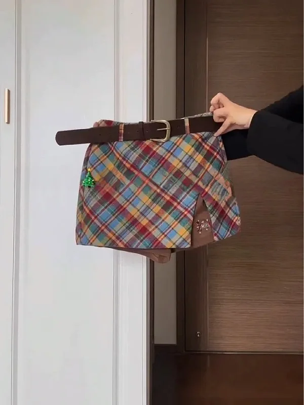 

plus Size Plaid A-Line Skirt High Waist Split Korean Sle Commute Casual Women's Skirt with Belt Autumn Winter ort Sk...