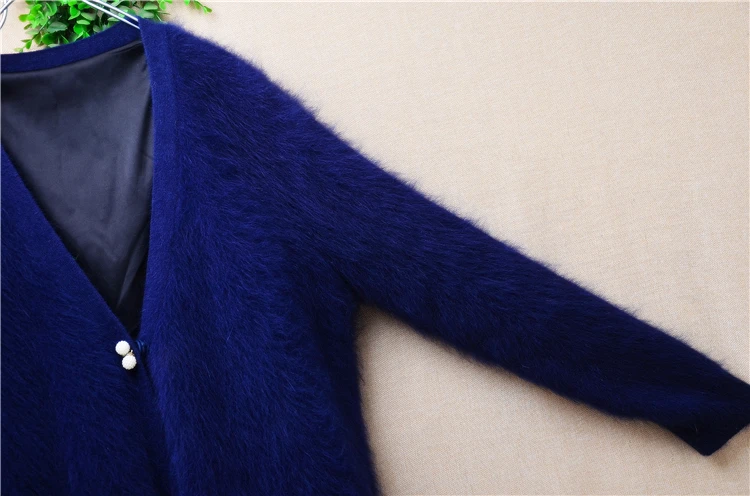 1.3KG Heavy Thick Female Women Autumn Winter Blue Bead Hairy Mink Cashmere Knitted Long Sleeves Loose Long Sweater Cardigan Coat