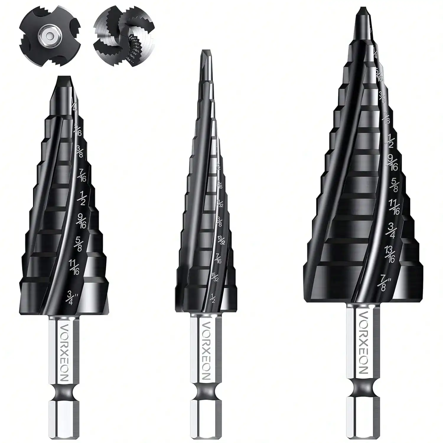 3pc M35 Cobalt Four Flute Step Drill with 89HRC Surface Hardness for Stainless Steel Metal Sheet Wood Aluminum and other metal