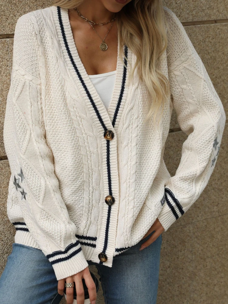 Autumn New Star Embroidered Knitted Cardigan Loose Lazy Wind Loose Sweater Jacket Single Breasted Long Sleeve Top Streetwear