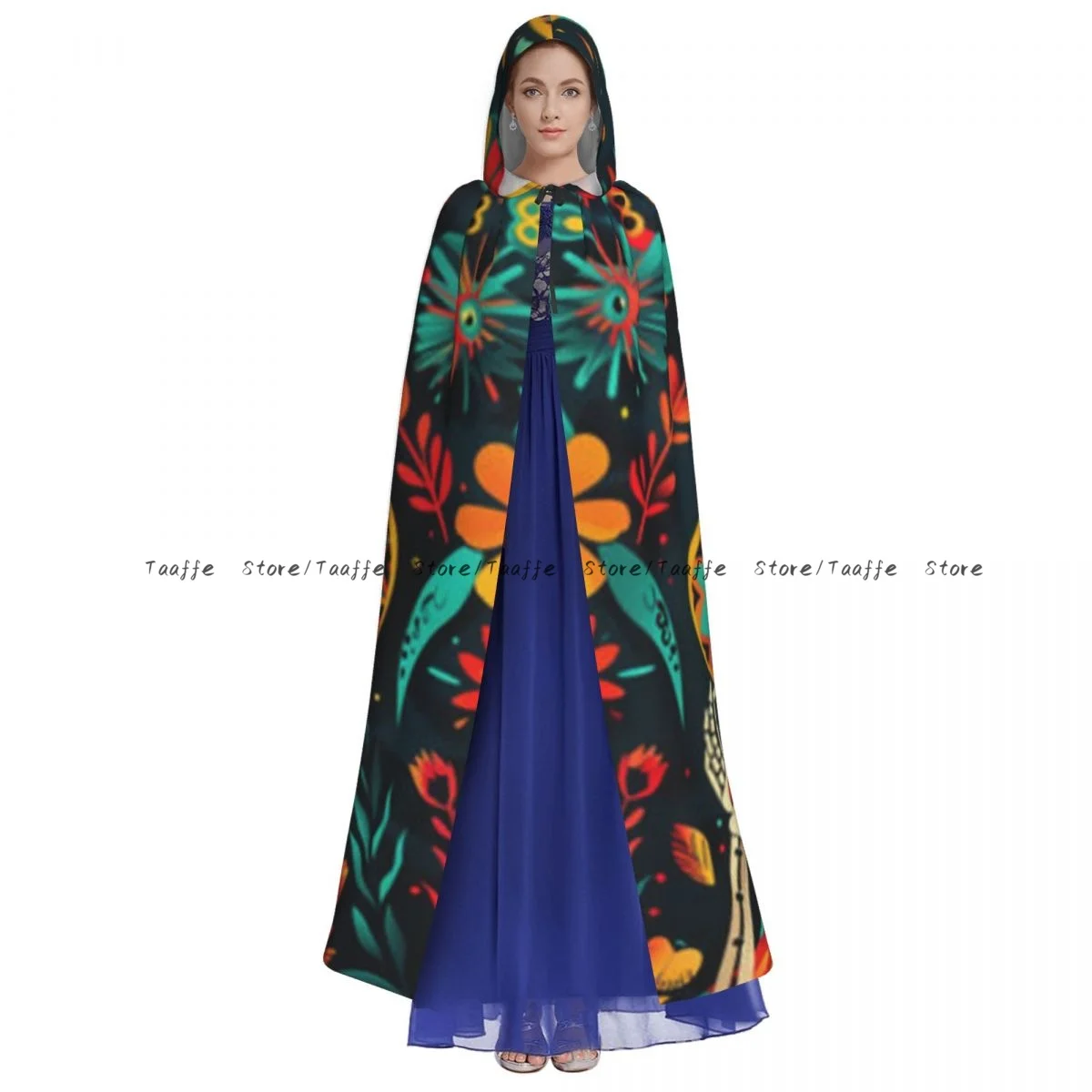 Witch Long Hooded Robe Cinco De Mayo Mexico Print Halloween Cloak Cosplay Costumes for Adult