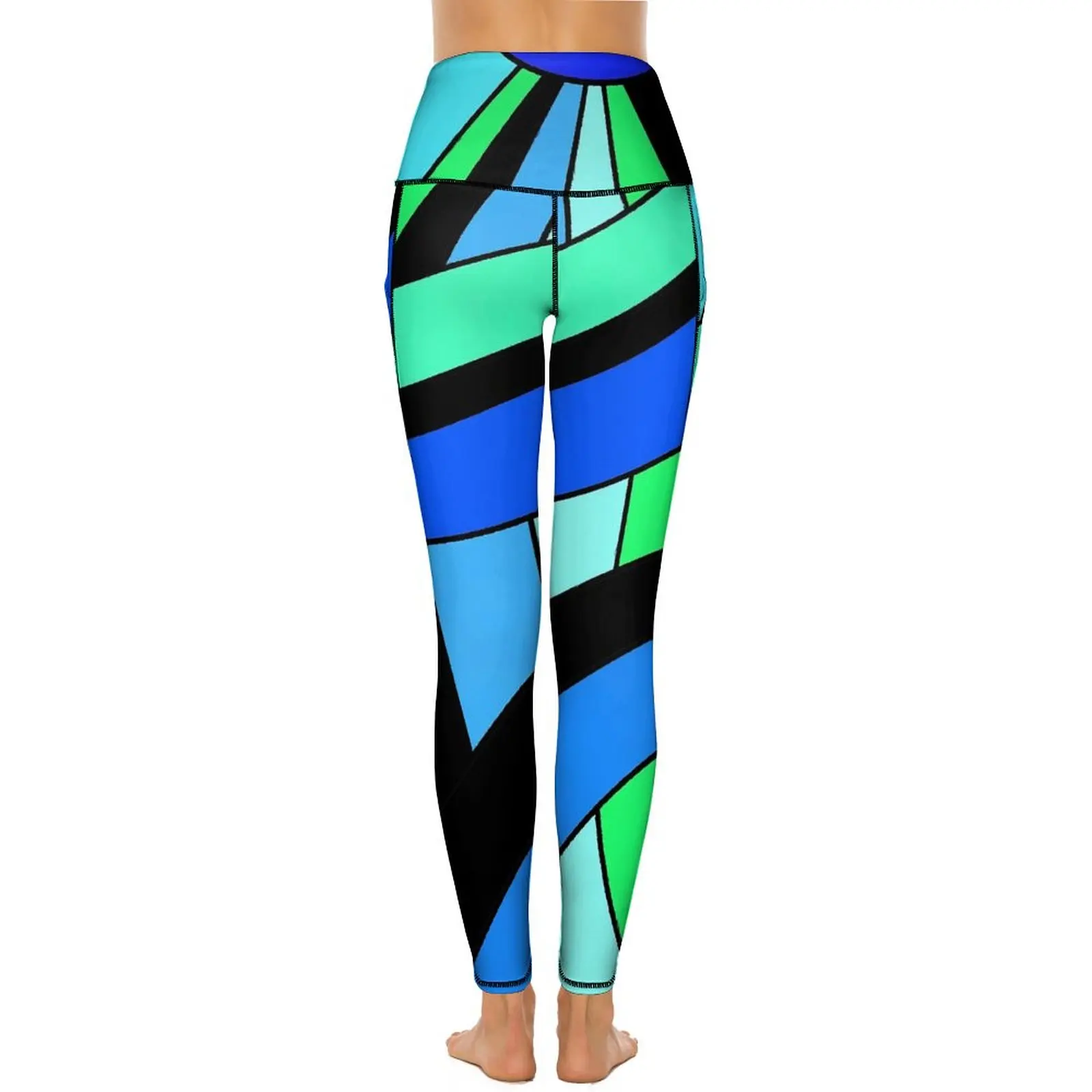 Celana Yoga motif Colorblock biru seksi dan hijau celana Yoga pinggang tinggi manis elastis legging pola wanita celana ketat olahraga Lari