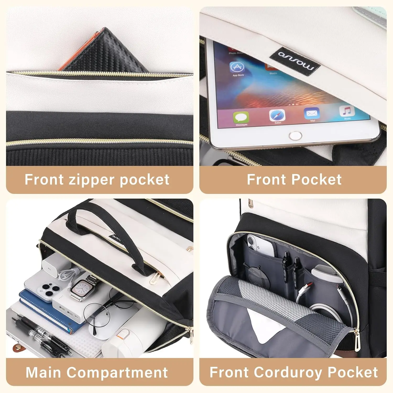 MOSISO Laptop Backpack for Women 15.6 inch Laptop Bag with USB Charging Port&Front Corduroy Pocket Travel Office College Fashion