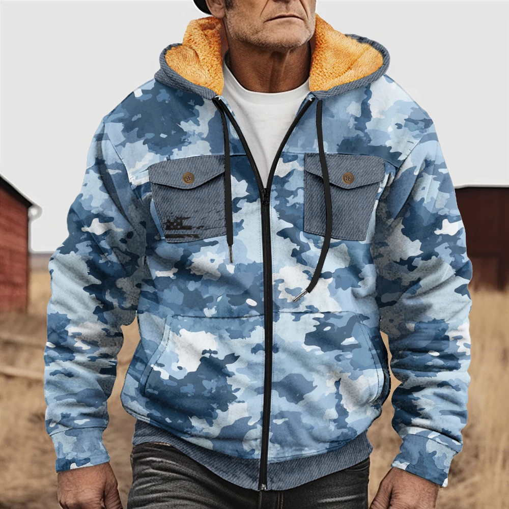 Men's outerwear winter jacket crushed ice blue camouflage print fashionable trend thick and warm essential for outdoor travel