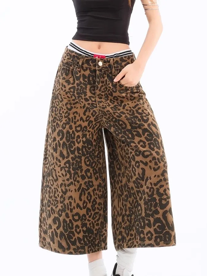بنطلون نسائي واسع الساق بخصر مرتفع وطبعة الفهد على الطراز الأمريكي، مقاس كبير، فضفاض ومريح للصيف #4