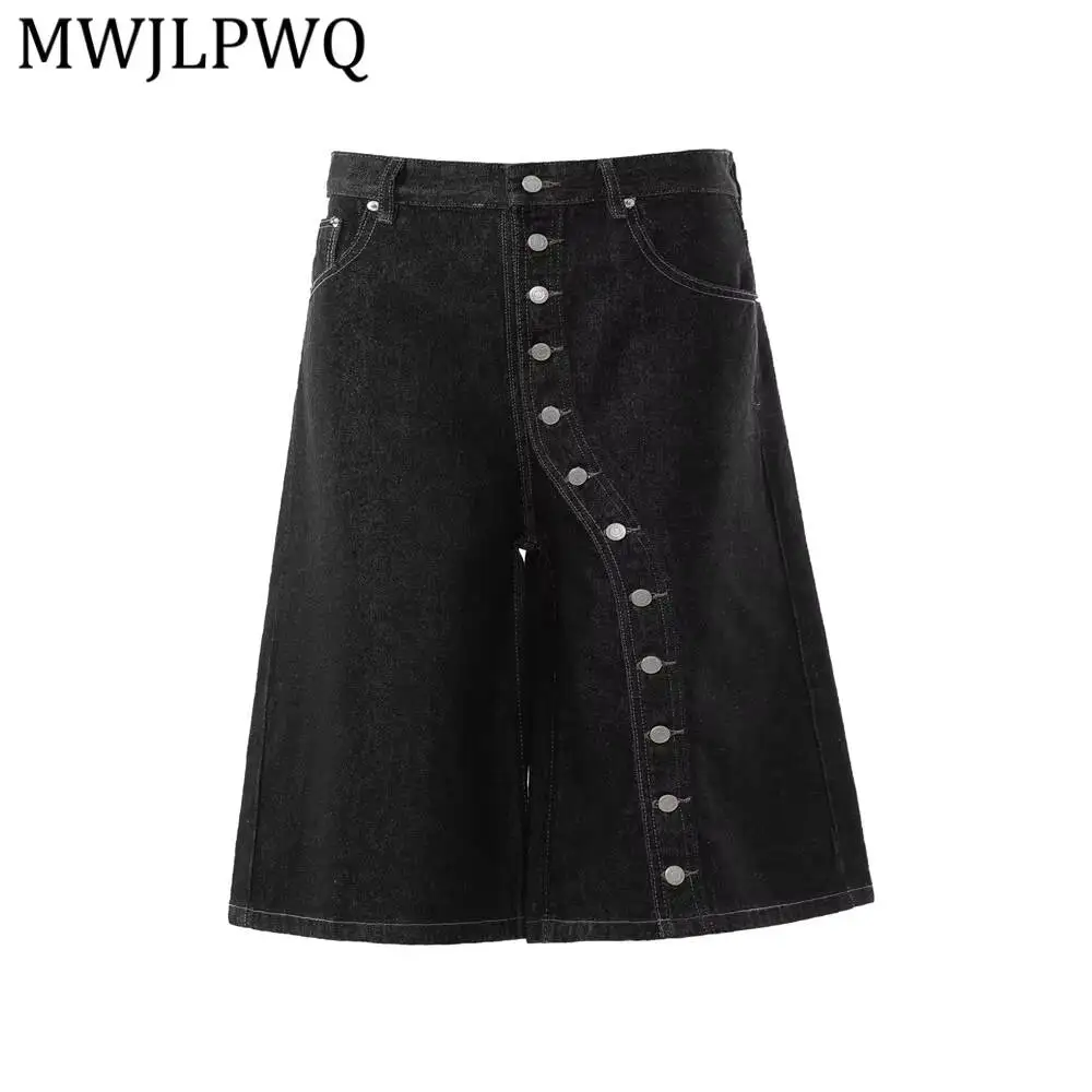 MWJLPWQ Irregular Diagonal Button Design Denim Cropped Pants Niched Straight Wide-Leg Shorts For Men Summer Streetwear 17199