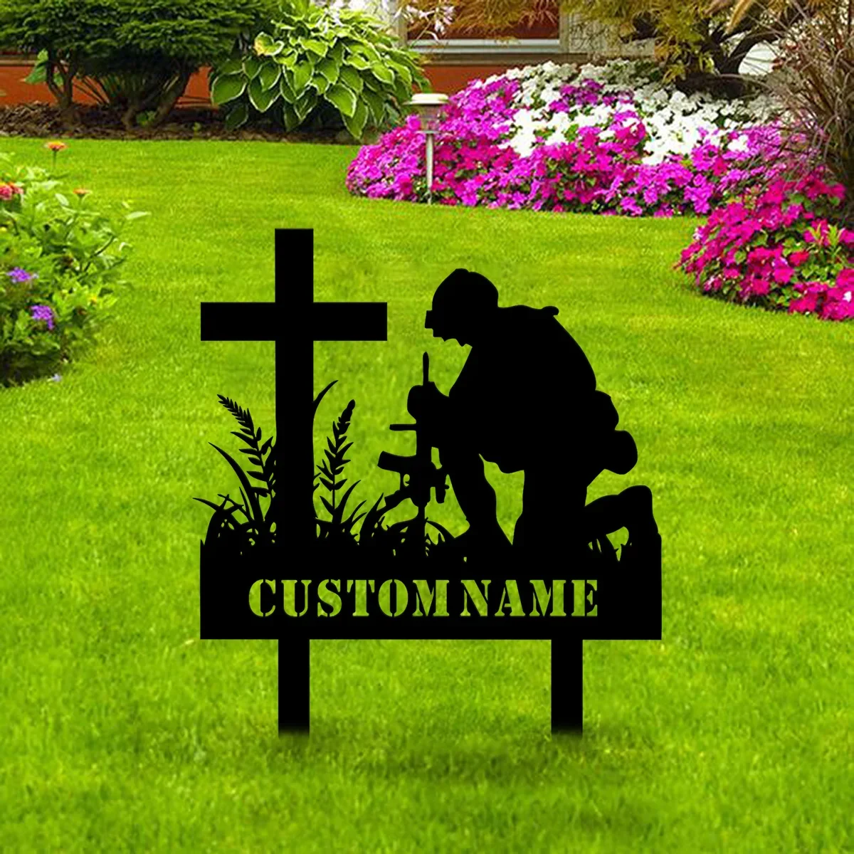 Custom Outdoor Memorial Soldier Kneeling Metal Sign With Stakes - Personalized Outdoor Memorial Soldier Name Metal Sign