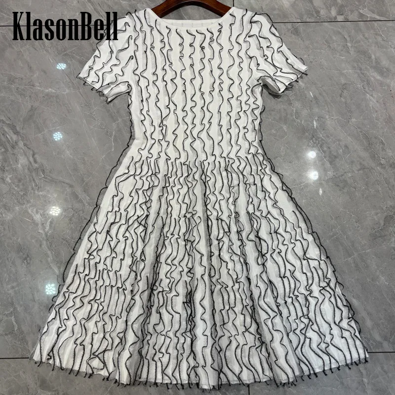 

4.1 KlasonBell Women's Temperament Elegant Striped Three-dimensional Ruffle Mini Dress O-Neck Short Sleeve Pleated Knit Dress