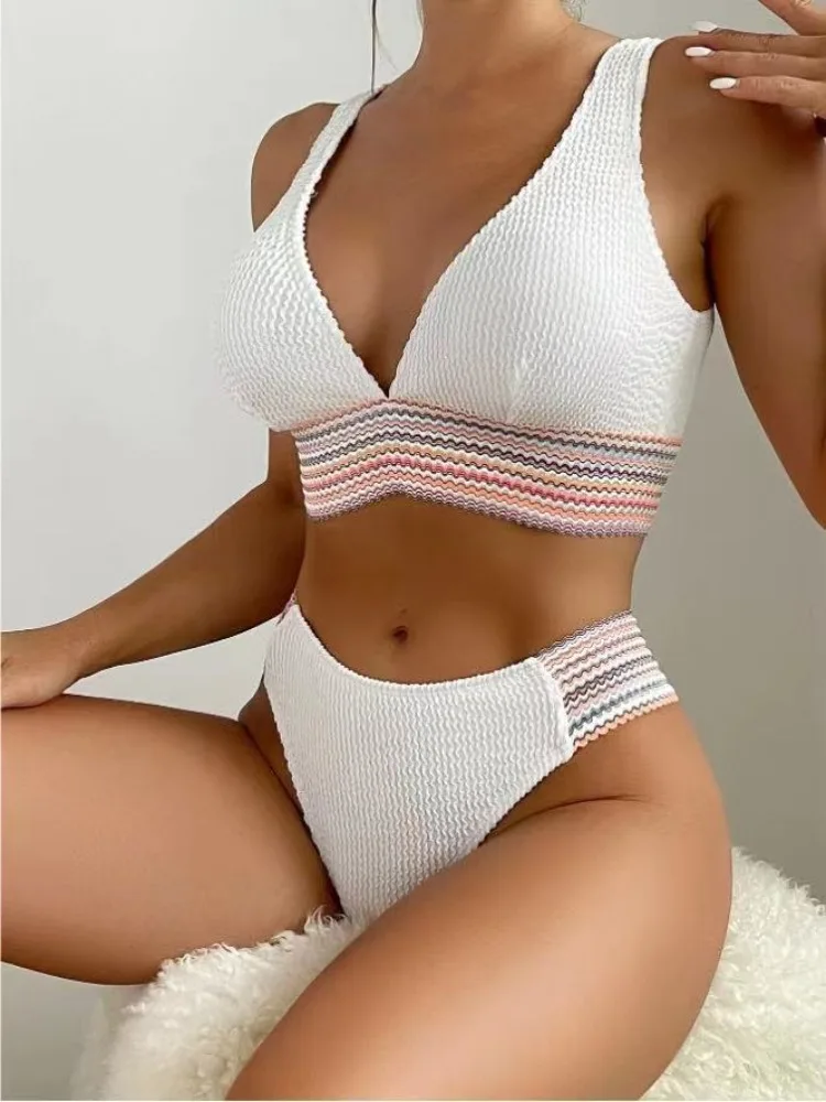 

Ribbed High Waist Bikinis Women 2024 Plunge Neck Two Pieces Swimsuit Thong Separate Brazilian Bikini Set Swim Bathing Suits