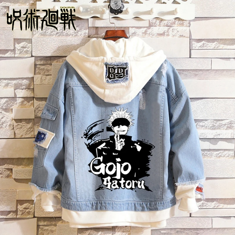 

Anime Jujutsu Kaisen Anime Jeans Jacket Gojo Satoru Itadori Yūji Print Casual Women Patchwork Denim Autumn Hooded Outwear Coat