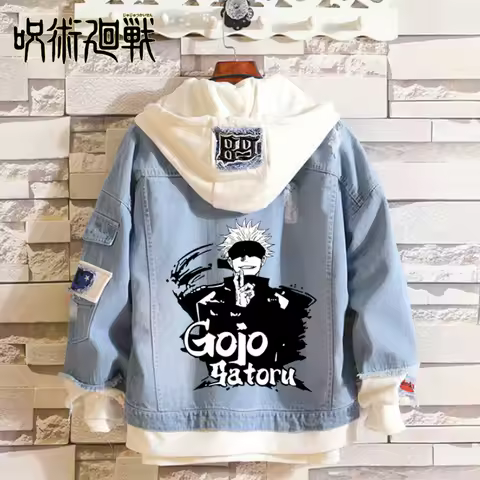 Anime Jujutsu Kaisen Anime Jeans Jacket Gojo Satoru Itadori Yūji Print Casual Women Patchwork Denim Autumn Hooded Outwear Coat