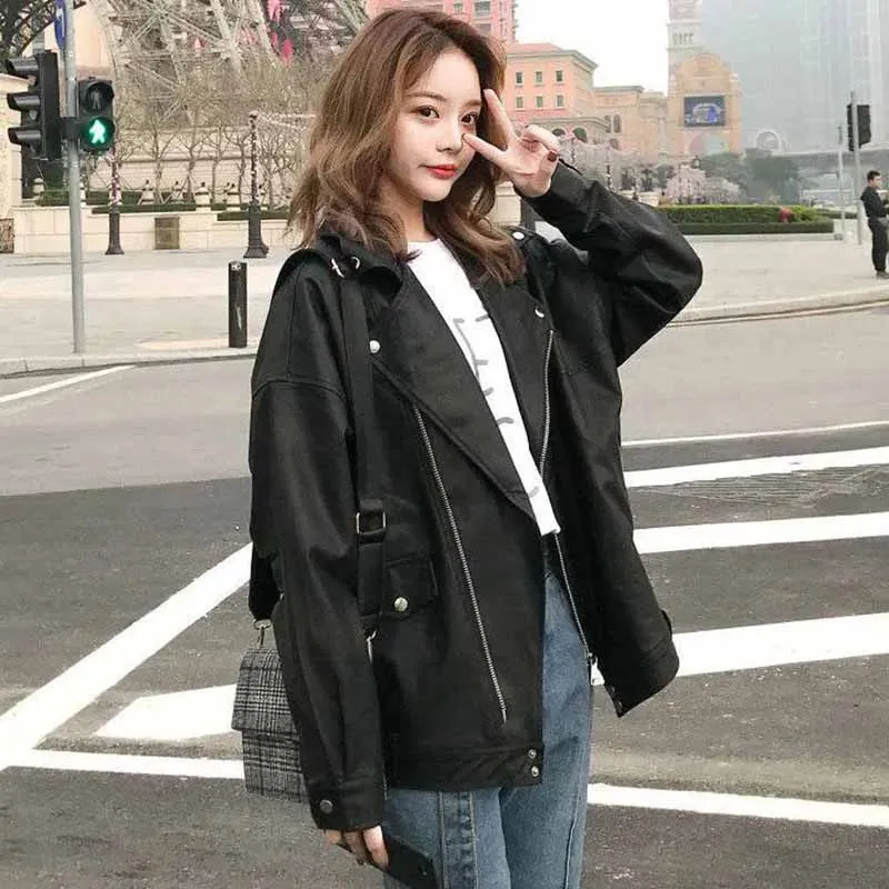 Spring Autumn Women New Loose Fitting Fashion Small Leather Tops Jacket Female Korean Academic Style Short Leather Jacket Coat