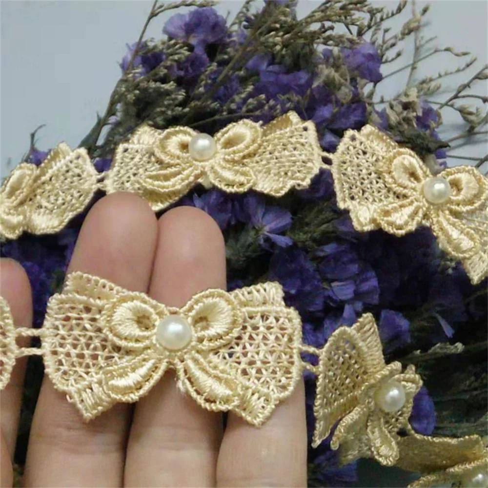 1 Yard Gold Soluble Butterfly Bowknot Pearl Embroidered Lace Trim Ribbon Fabric Sewing Craft Handmade DIY Costume Decoration