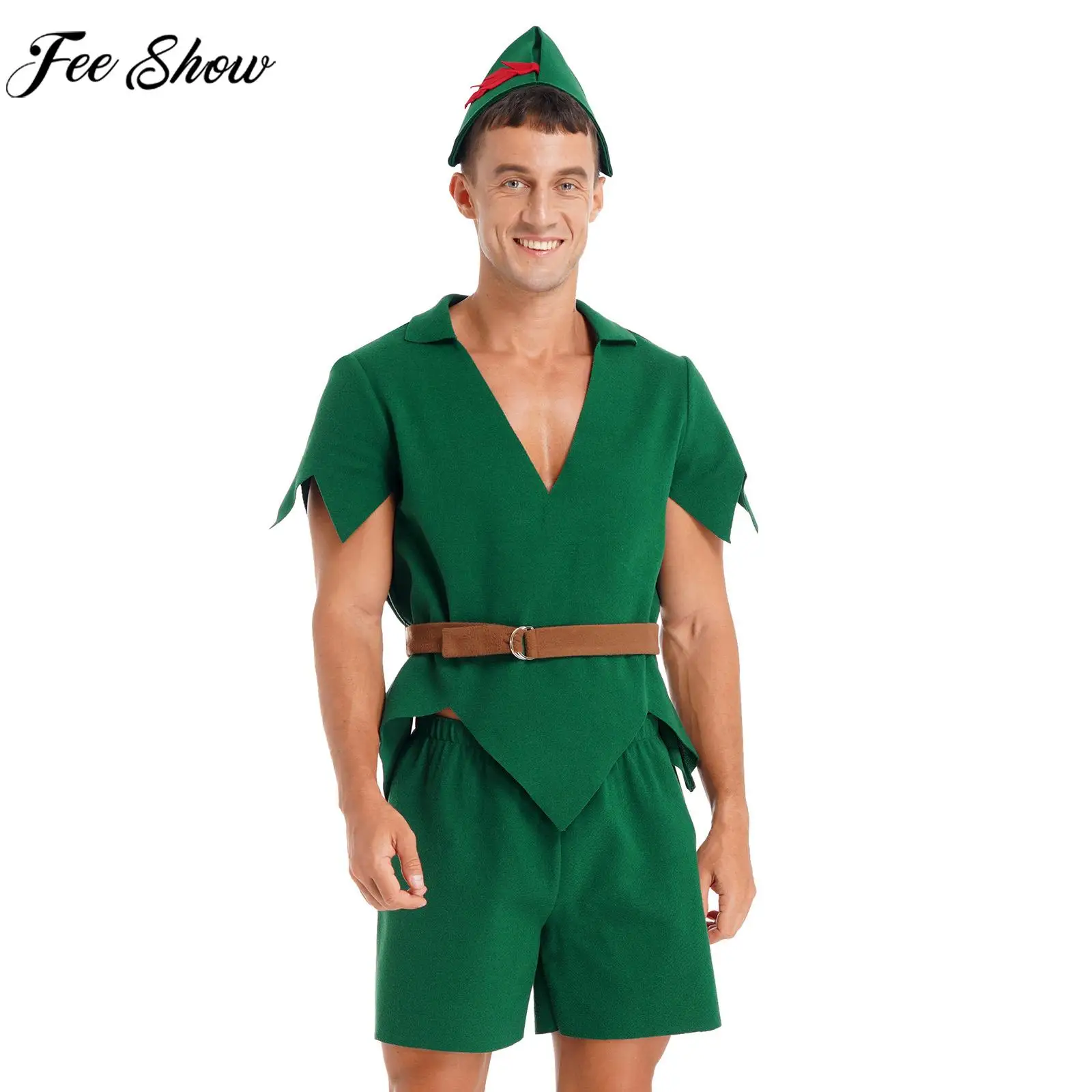 Men Adult Christmas Halloween Elf Cosplay Costume Short Sleeve Felt Tops with Shorts Belt Hat for Theme Party Carnival Dress Up