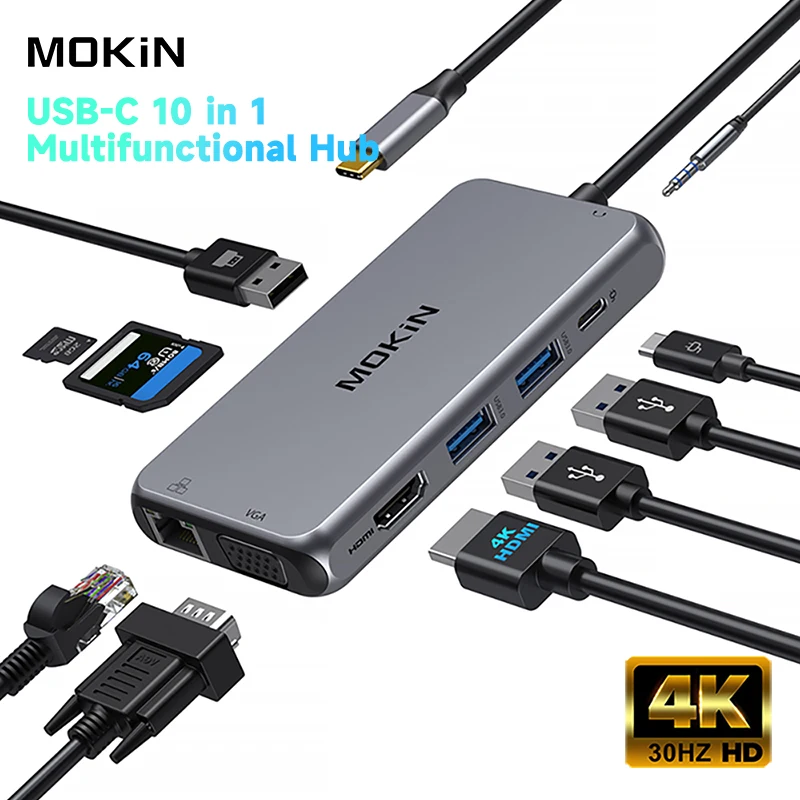 

MOKiN USB HUB Type C Hub to 4K HDMI Docking Station Hub Adapter SD TF Card Reader RJ45 PD Fast Charge for Macbook PC Notebook