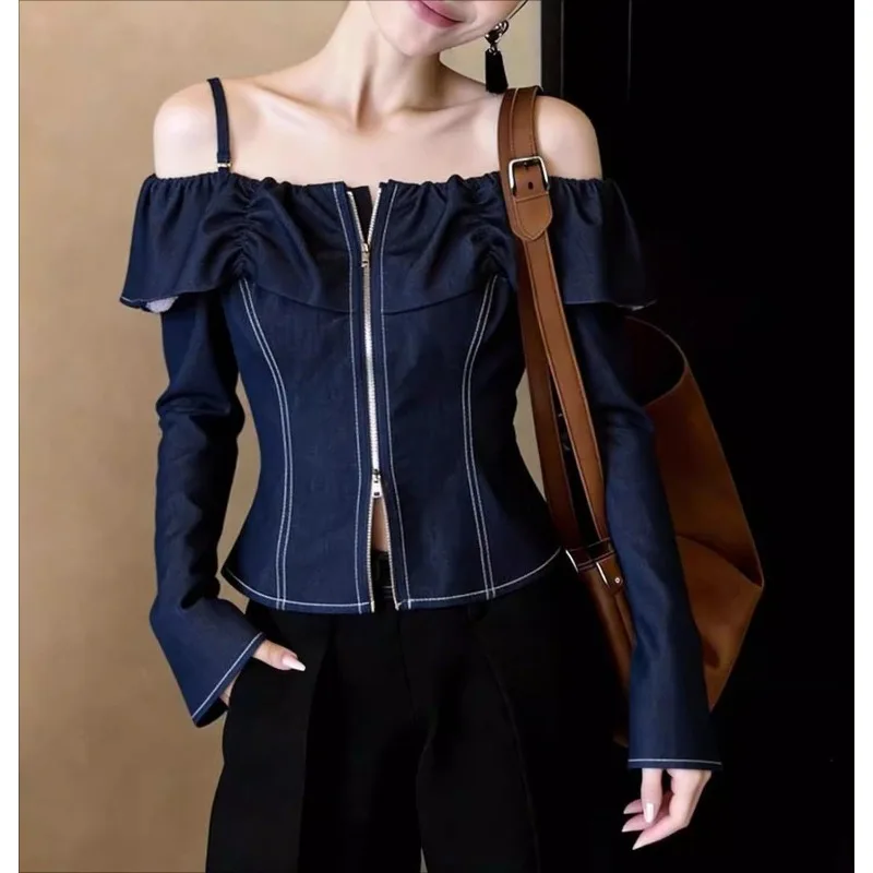 

Blue Denim Shirt Female Spring Celebrity Temperament Light Luxury High-end French Off-the-shoulder One-word Shoulder Top