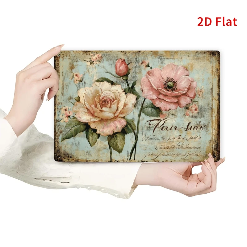 2D Flat Wall Decoration Featuring a Vintage Floral Metal Sign Measuring 8X12 Inches, Showcasing Rustic Pink Roses And Green Leav