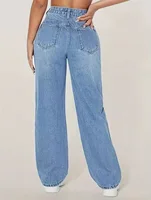 Women's High Rise Wide Leg Ripped Jeans Light Blue Denim Trousers Casual Loose Fit Long Pants 2