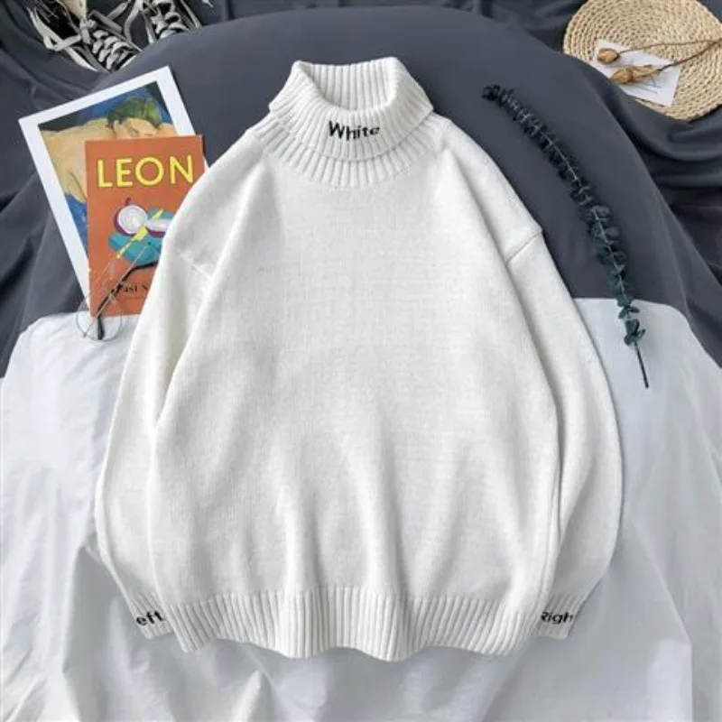 2024 Spring and Autumn Men\'s High Neck Pullover Loose Candy Color Letter Casual Fashion Elegant Commuter Knitted Sweater