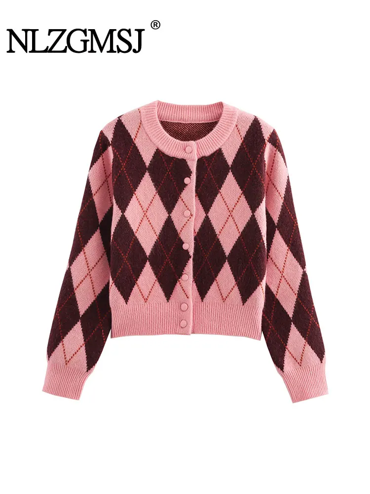 

2025 Women Argyle Jacquard Cardigan Chic Casual Knitted Cardigans For Women Elegant Sweater Long Sleeve Knitwear Coat