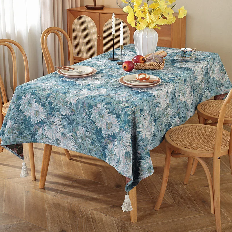 Retro Romantic Printed Table Tablecloth Rectangular Pastoral Table Cloth with Tassels Dust-Proof Anti-Dirt Furniture Protector