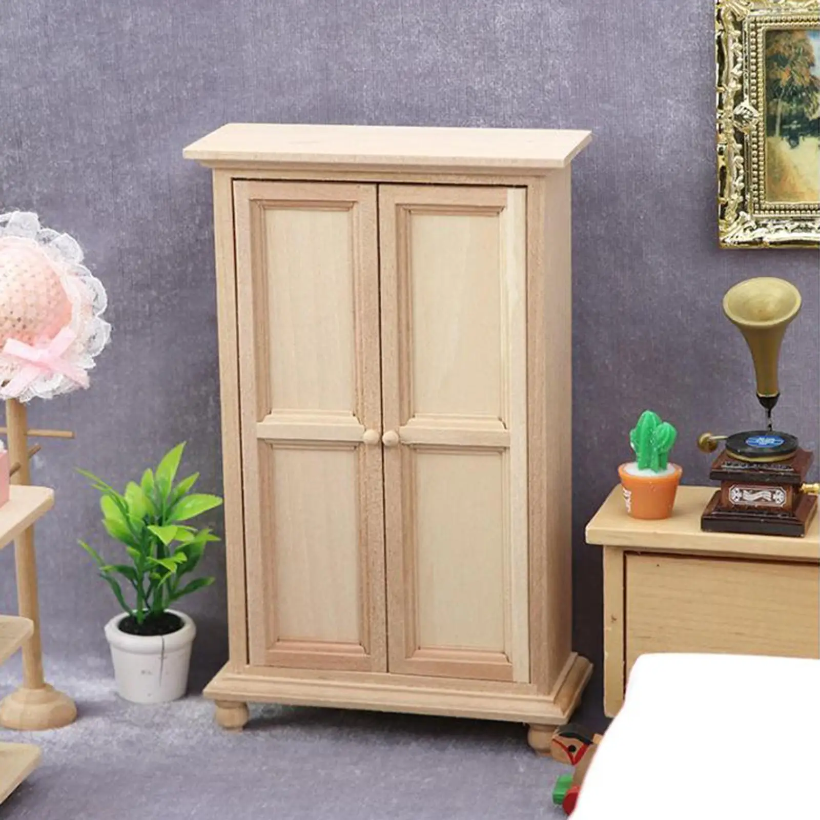 1/12 Dollhouse Double Door Cabinet Mini Display Cabinet Decorative DIY Fitments Miniature Closet for DIY Model Gift Handcraft