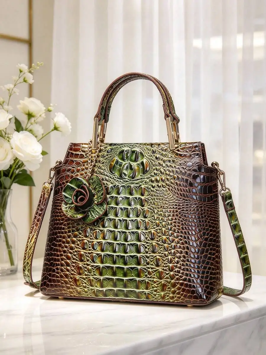 Crocodile 2‑Piece Women Handbag Set, Top‑Handle Tote Bag With Detachable Crossbody Strap, Decor Flower Charm, Matching Wristlet
