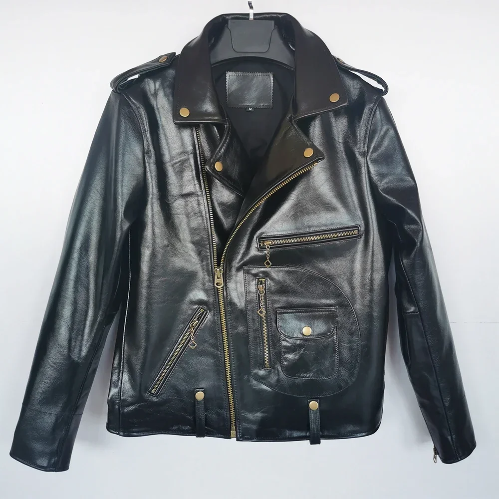 جاكيت دراجات نارية من الجلد الطبيعي للرجال ، جلد الحصان الطبيعي الثقيل ، معطف راكب الدراجة النارية ، الصدر ، النمط الكلاسيكي ، الشتاء ، M701 ، J24
