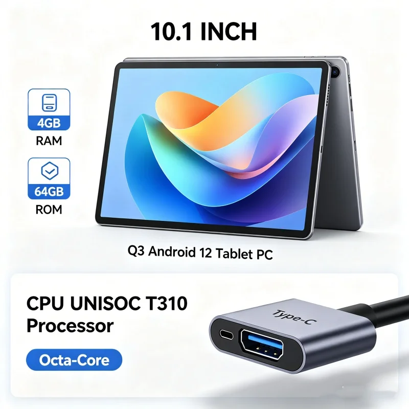 10.1인치 안드로이드 12 태블릿 PC, Q3 모델, UNISOC T310 프로세서, 옥타코어 Cortex-A53, Type-C 포트, 1280 x 800 해상도의 IPS 화면.