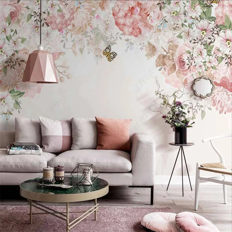 

Nordic Romantic Pink Flowers Wall Paper Pastoral Floral Mural Butterfly Wallpapers for Living Room Bedroom Decoration