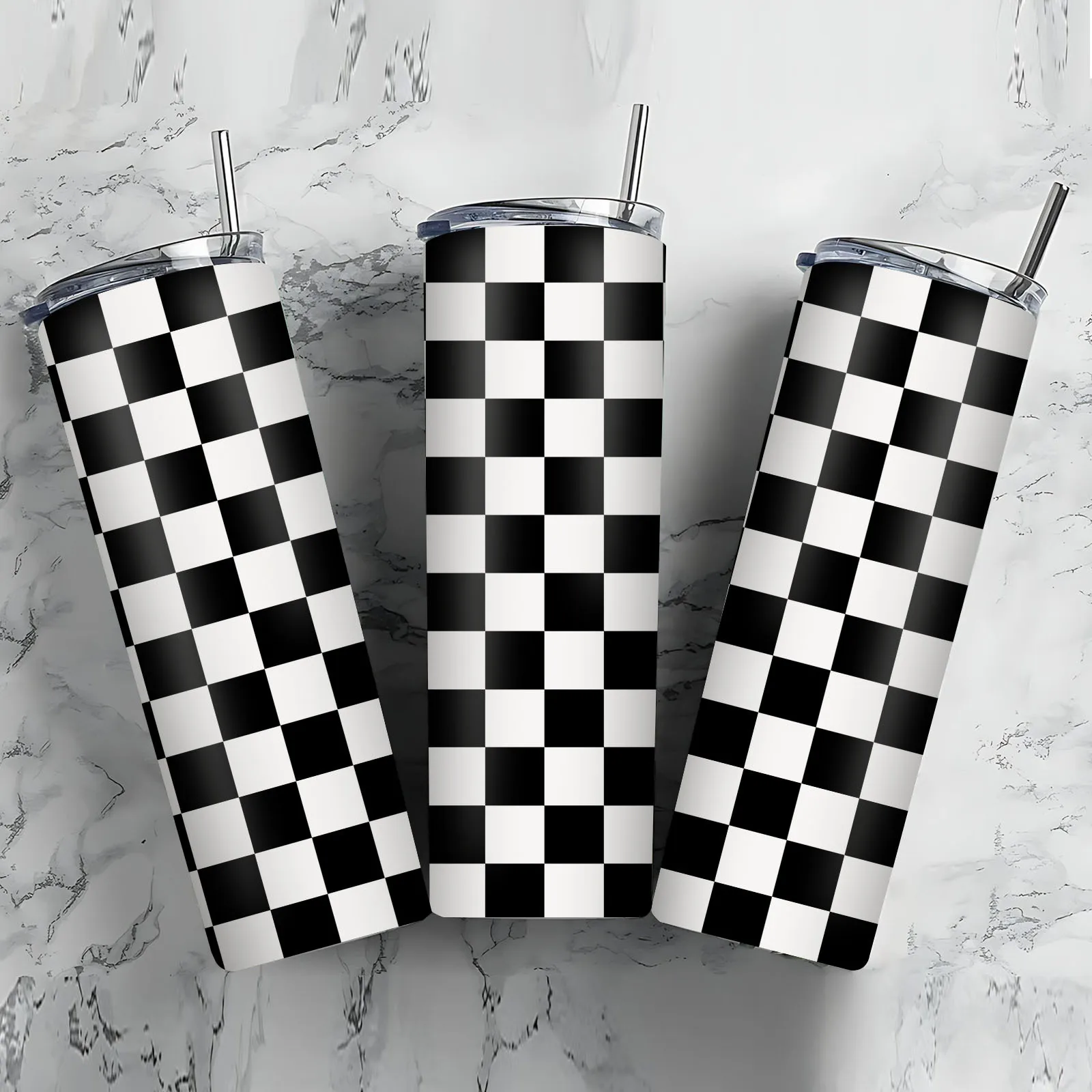 1pc 20oz Black White Checkered Stainless Steel Tumbler with Lid and Straw, Hot for 12 Hours, Cold for 24. Retro Design, Perfect Gift for Trend Lovers, Women and Men. Ideal for Holiday, Travel, Office or Car Use. Coffee or Water Tumbler.