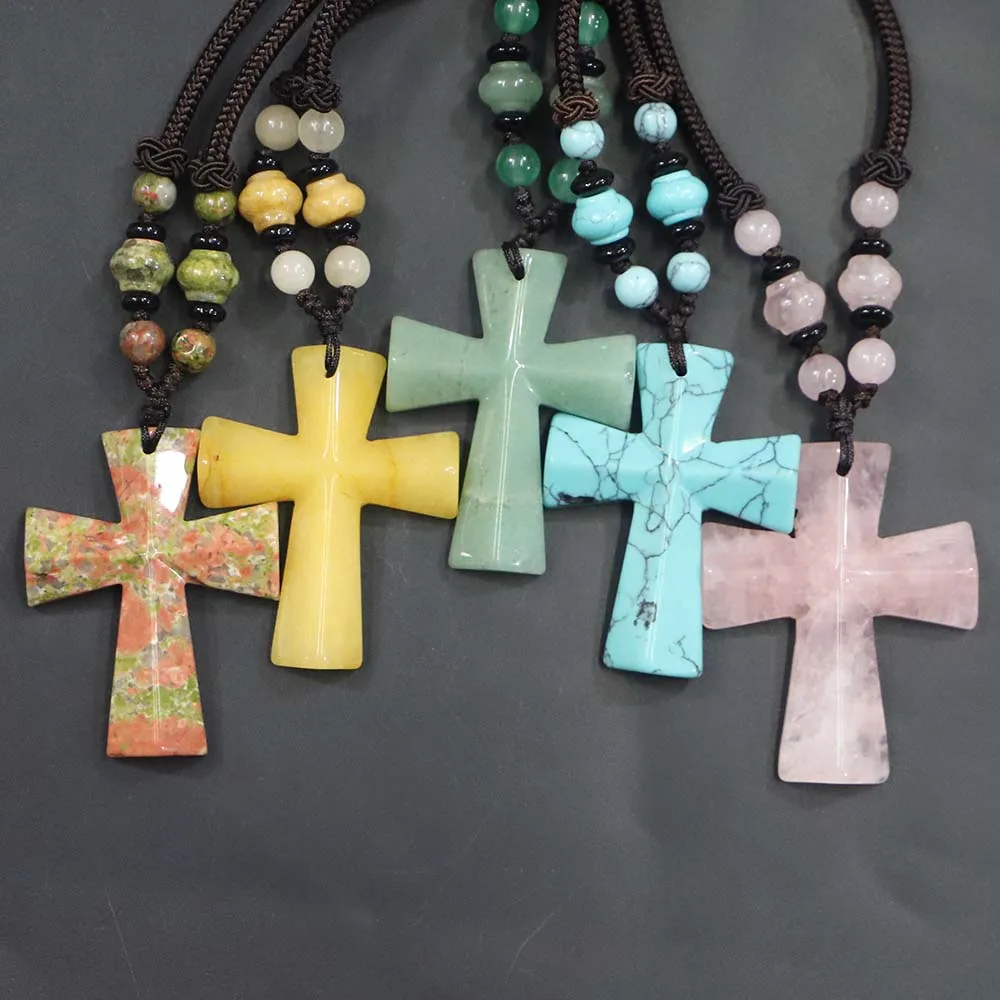 

Natural Stone Crystal Agate Braided Cross Pendant Necklace Unisex Sweater Chain Religious Belief Fashion Gift Wholesale 1 Strip