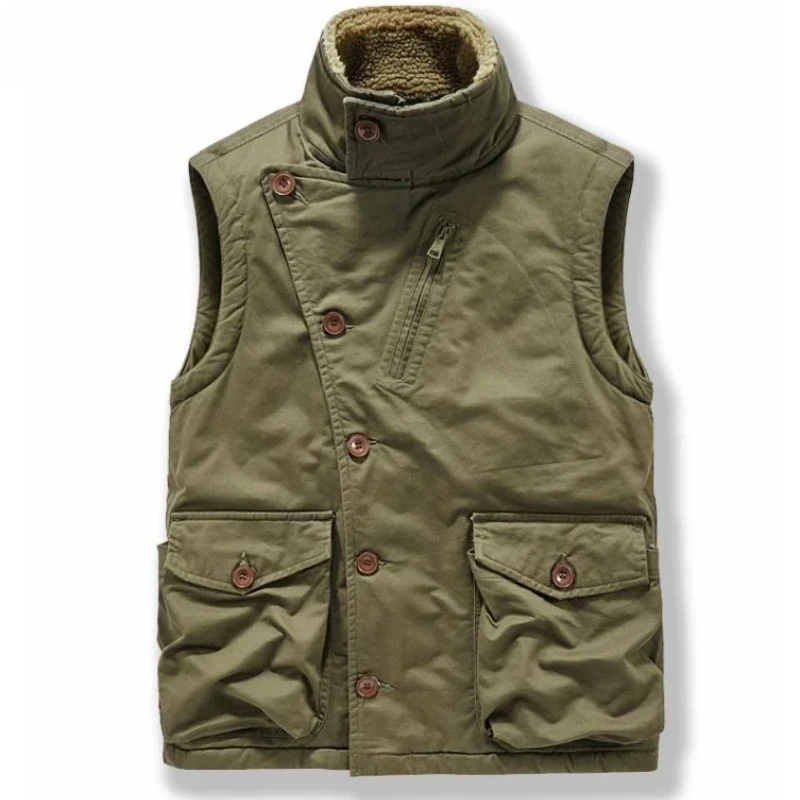 

Мужские флисовые куртки без рукавов с воротником-стойкой и несколькими карманами, уличный ветрозащитный утепленный жилет с диагональными пуговицами, теплые пальто