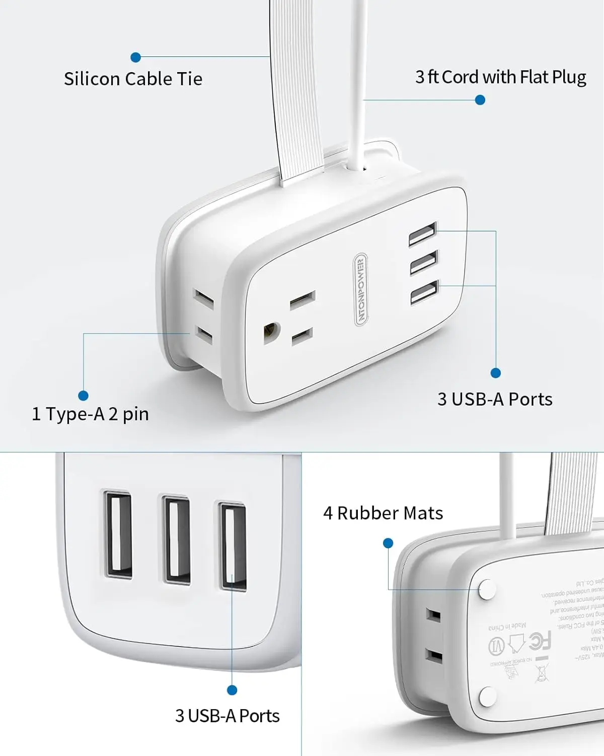 Ntonpower Portable Power Strip with 2 Outlets, 3 USB Ports, 3FT Extension Cord, Foldable Design and Flat Plug for Easy Storage