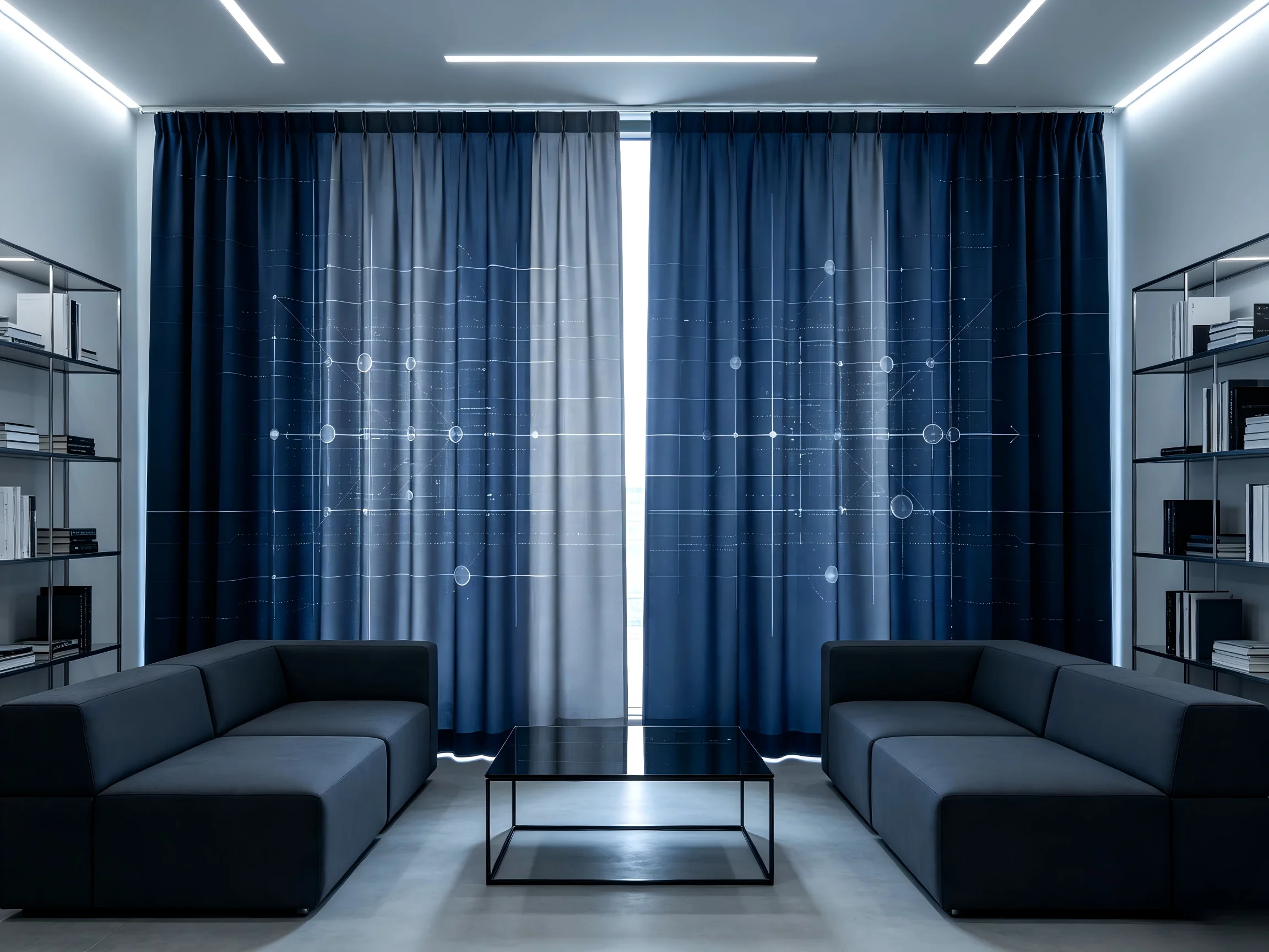 200163 Deep blue silver gray technology grid pattern blackout curtain
