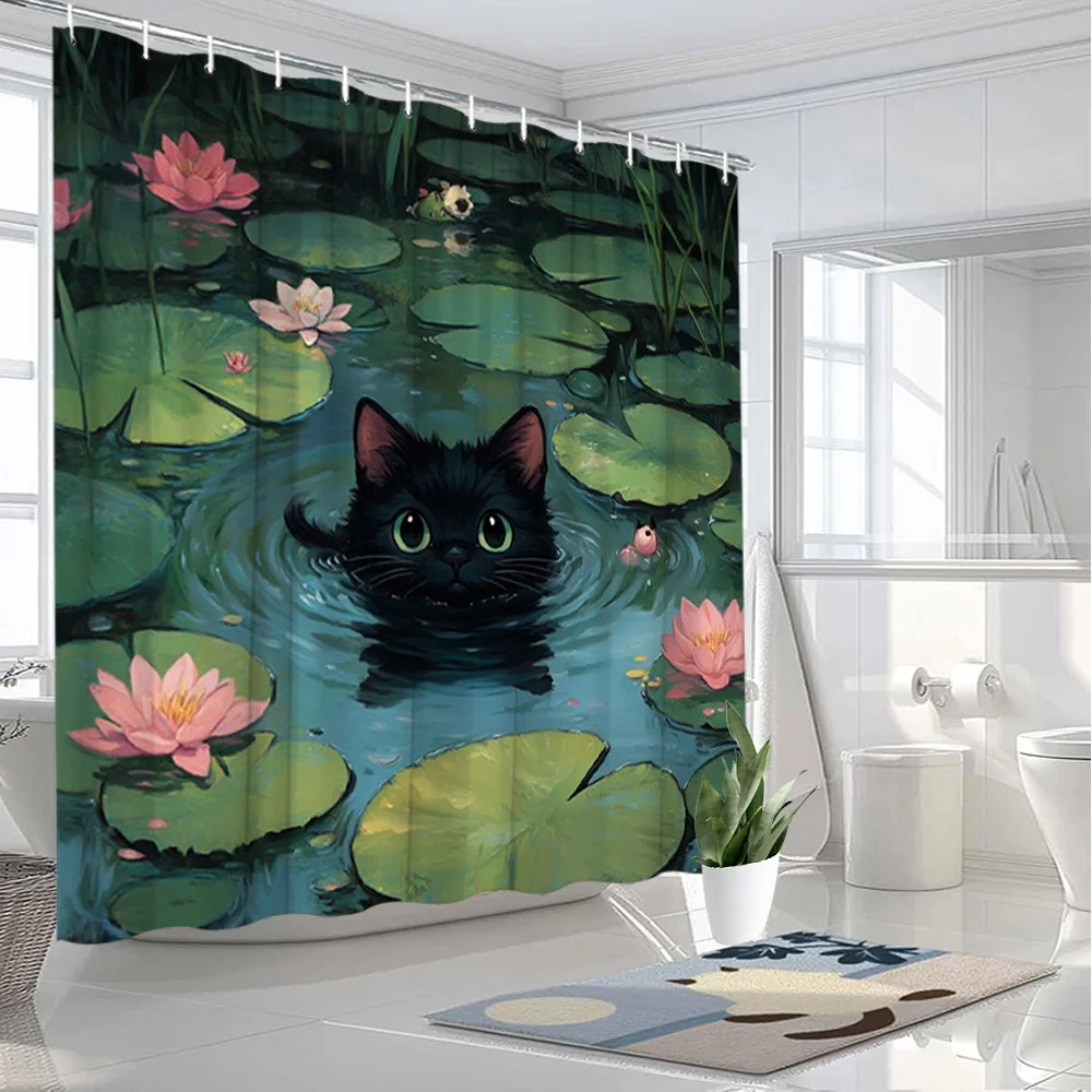 Cute Black Cat Pond Lily Pad Shower Curtain Bathroom Decor Waterproof Tropical Pet Art Shower Curtain