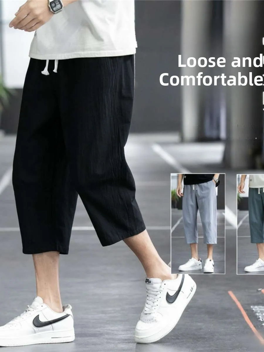 

Men's Summer Thin Cotton Linen Sport orts Casual Loose Fit Seven Eight Nine Length Pants Spring Season Non-Stretch mid Waist