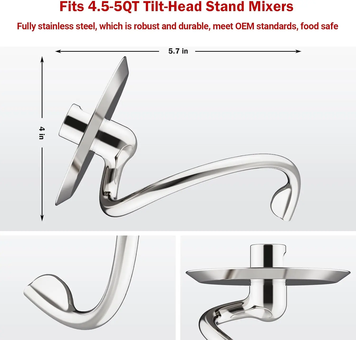 Stainless Steel Spiral Dough Hook for Kitchenaid Stand Mixer, 4.5 Qt - 5 Qt Tilt-Head Stand Mixer Attachments for Kitchenaid Dou