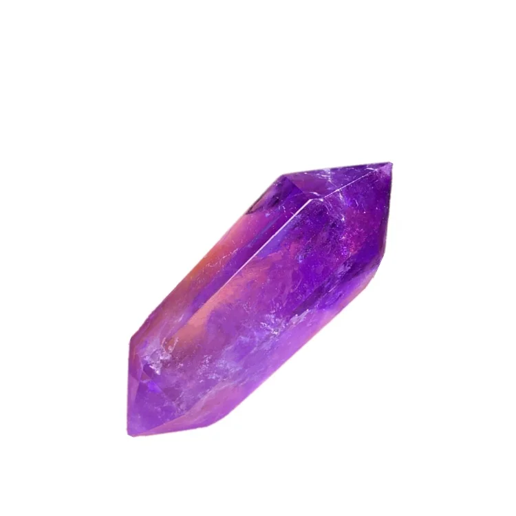 

l Purple Yellow Crystal Double-Tip Hexagonal Prism Rainbow Layered Stone Polied Jewelry Ornament Handheld Piece