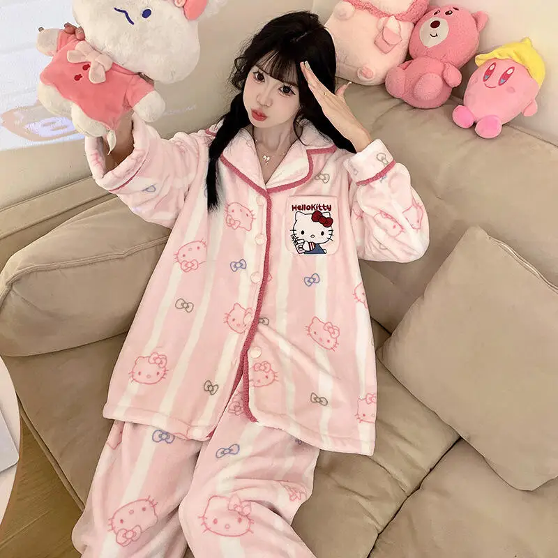 Cartoon Hello Kiity Pajamas Female Coral Fleece Cute Thicken Autumn Winter Warm Kawaii Flannel Soft Comfortable Lounge Clothes